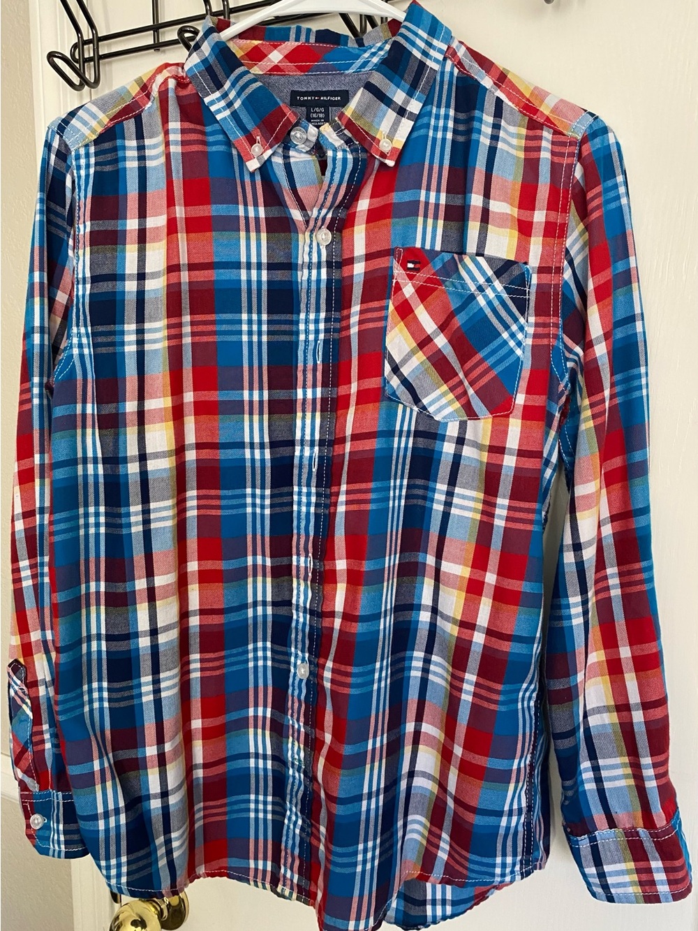 Tommy Hilfiger Boys Long Sleeve Plaid Button Down Shirt Size L 16/18